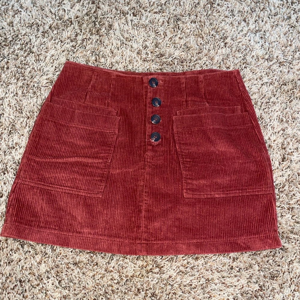 HYFVE Corduroy Button-Front Skirt in Deep Red